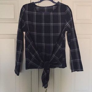 Navy blue plaid tie front blouse